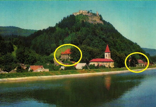 Považský hrad na historickej pohľadnici s dvoma kaštieľmi