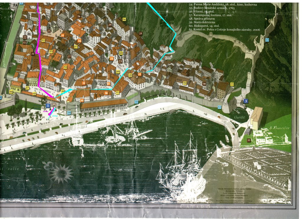 popiska okolia mesta Kotor a trasa druhého výstupu a zostupu