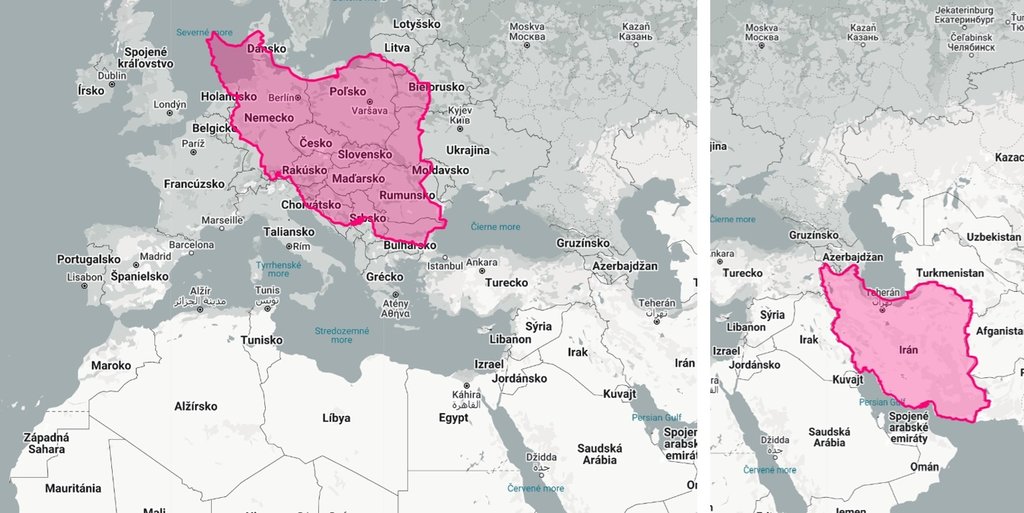 Porovnanie rozlohy Iránu s európskymi krajinami 