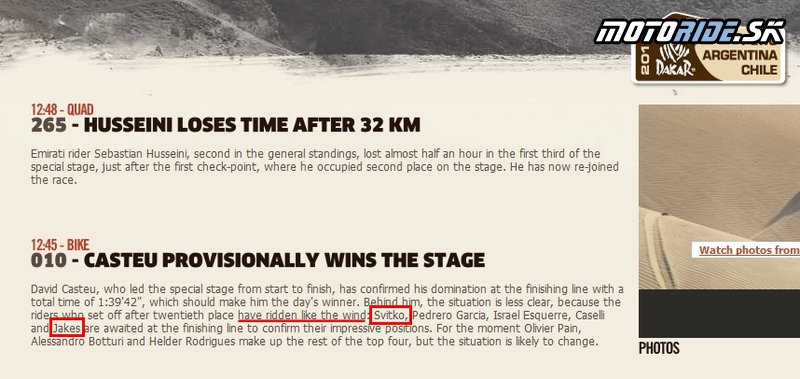 Dakar 2013 - 5. etapa - Štefan Svitko a Ivan Jakeš na stránkach dakar.com