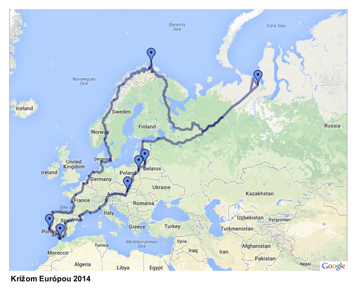 Krížom Európou 2014 - mapa plánovanej trasy