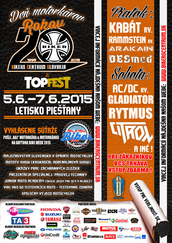 Pozvánka: 20. rokov Bikers Centrum Slovakia + TopFest - 5. -7. 6. 2015, Letisko Piešťany