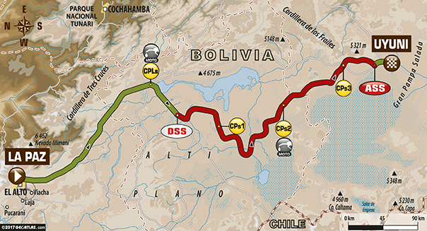 Mapa pôvodnej etapy - trasa bola zmenená - Dakar 2017 – 7. etapa - La Paz - Uyuni