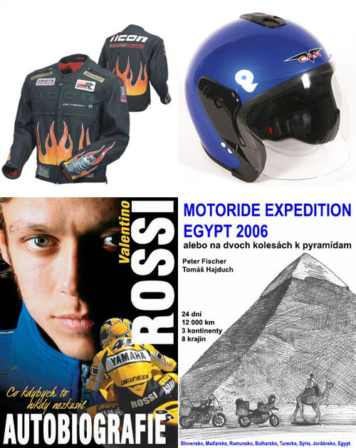  Koženná bunda TTC 812, prilba MAX 617 a knihy Autobiografie Valentino Rossi a Motoride Expedition Egypt 2006