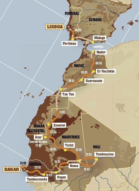  Trasa rely Lisabon – Dakar 2007 (časti trasy označené prerušovanou bielou farbou značia nemerané presuny, oranžová farba značí merané súťažné úseky)